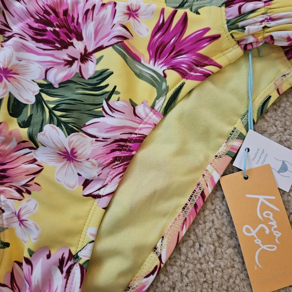 Kona Sol Yellow and Pink Floral Bikini Swimsuit Bottoms Women's Medium M New